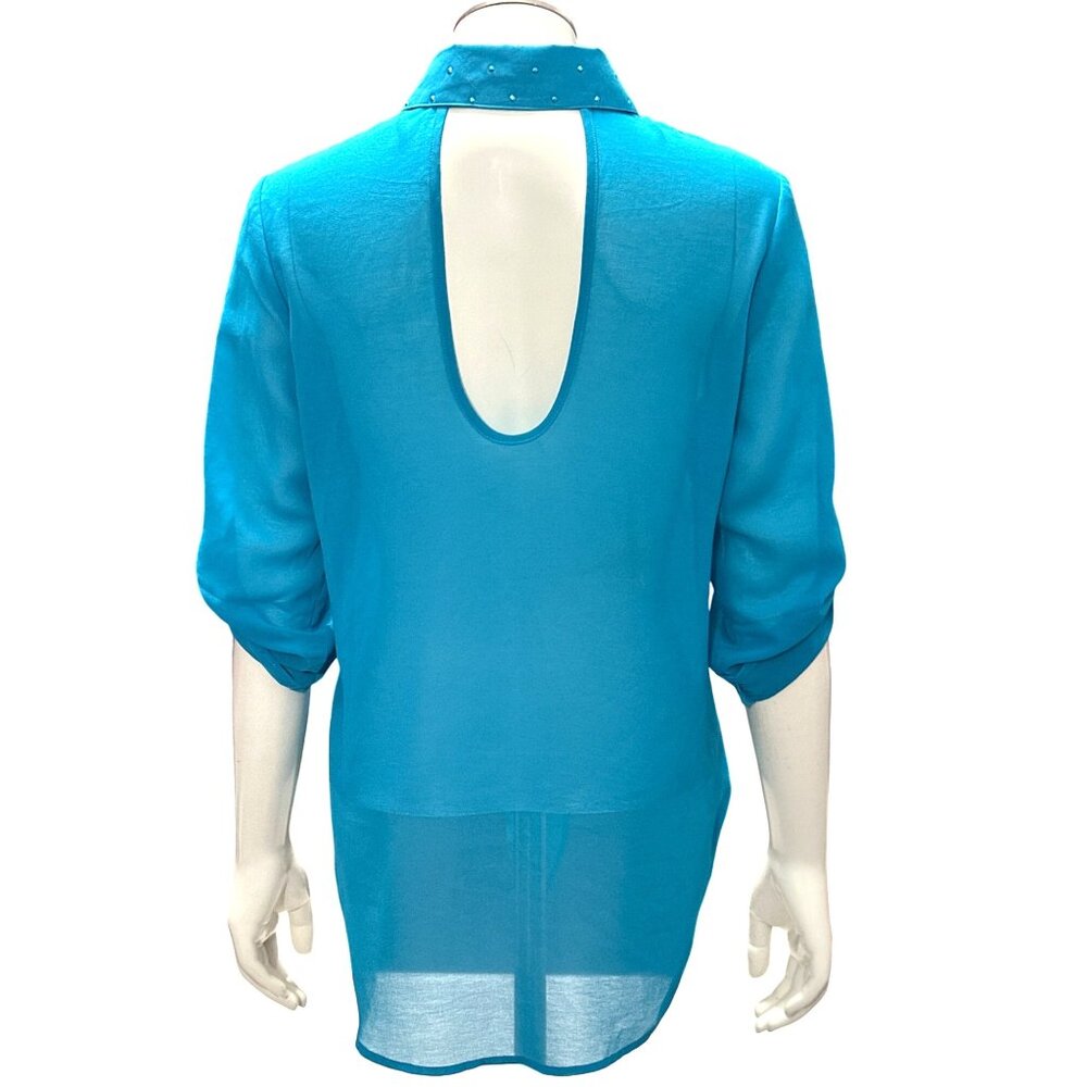 CCC Turquoise Tie Front Cutout Back Blouse Medium Statementwear Sheer Urban Chic - Picture 5 of 9